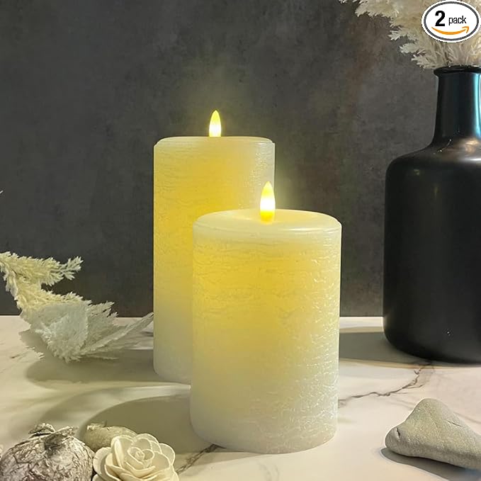 LumiPur Signature Natural Glow Flameless Wax Pillar 2 Pack LED Candle 3.5" x 5" and 3.5" x 7" Linen White