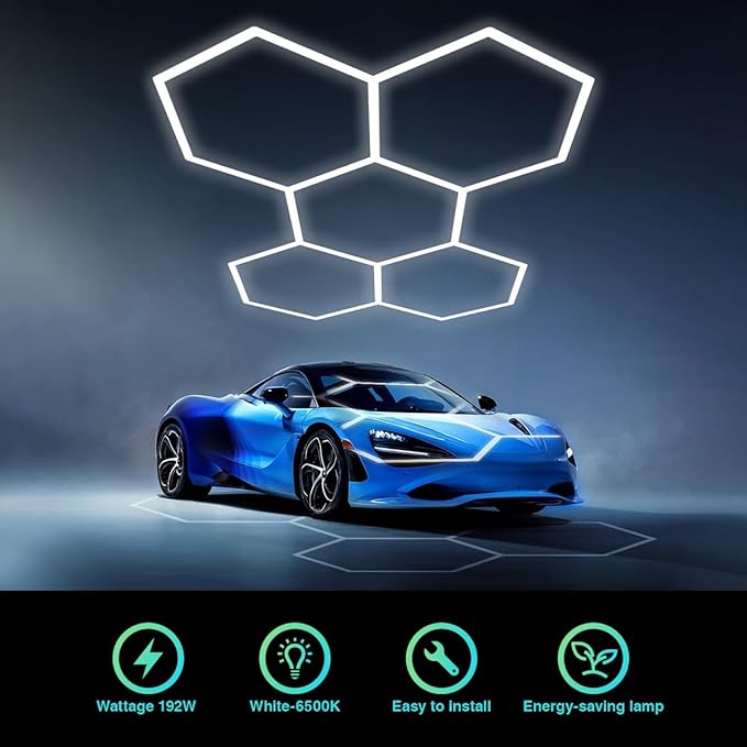 Dimmable Hexagon Garage Lights: 20% 50% 100% Dimmable LED Gerage Hexagon Lights 21000lm Super Bright Car Detailing Ceiling LED Shop Light for Warehouse Workshop Gym Basement Car Care Wash Room