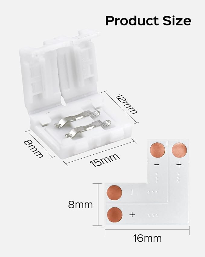 JACKYLED 8mm 2 Pin LED Strip Connectors Lights Connector, L Shape Gapless Solderless Connectors LED Adapter Light Extension Connectors for 8mm Wide Single Color Flex LED Strips - 8mm 2pin Total 22Pcs