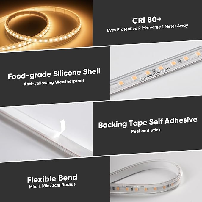 Shine Decor LED Strip Light Super Bright 16000LM, Plug&Play 120V Driverless Easy Wiring, Flicker Free Weatherproof for Outdoor Indoor, Min. 3.9” Cuttable Stickable, 2800K Warm White 65FT ETL Listed
