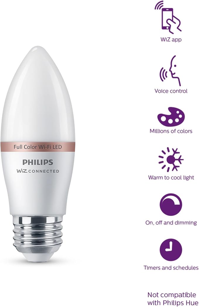 Philips Smart 40W B12 Candle-Shape 4-Pack, E12 Base, Full Color, Dimmable, Indoor, Connect to Wi-Fi, Control Voice or App - Powered by WiZ Connected