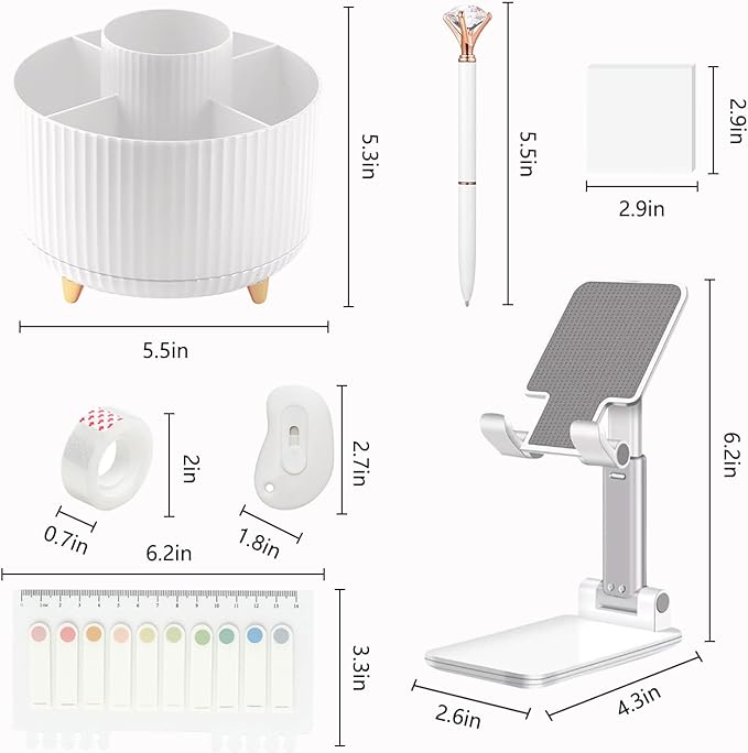 Office Supplies,Desk Accessories,with Stapler,Tape Dispenser,Staple Remover,Scissor,Ballpoint Pen,Sticky Notes,Clear Tape,Staples,Desk Organizer,Phone Stand,Binder,Index Tabs,Best Gift Set(White)