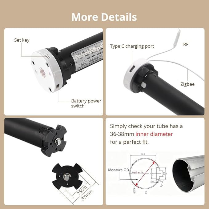 Blindsmart Rechargeable Tuya Zigbee Roller Blinds Motor for 38mm Tube, Motorized Window Shades Automatic Blinds Curtain Opener APP Control, Zigbee Hub Required (Only Motor)