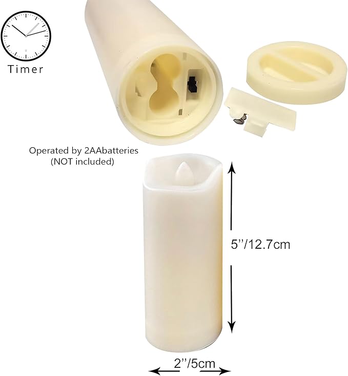 Battery Operated Plastic Flameless LED Pillar Candle with Cycling Timer, Realistic Flickering Electric Light for Indoor Outdoor Bookshelf Wedding Dinner Party Centerpiece Fireplace Decor Pack of 2