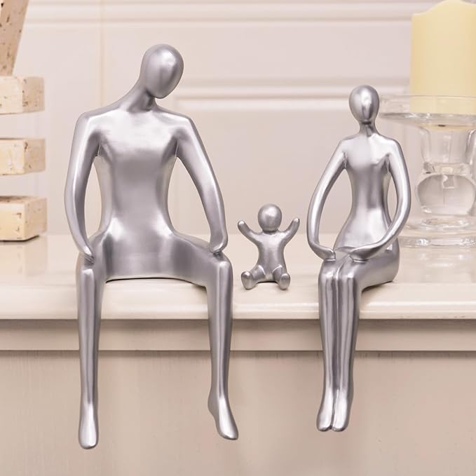 Quoowiit Bookshelf Decor Family Statue, Abstract Miniature Figurines Home Decor, Modern Aesthetic Shelf Decorations for Office Desk Table Desk Living Room Book Shelf Bedroom Entry Set of 3 - Silver