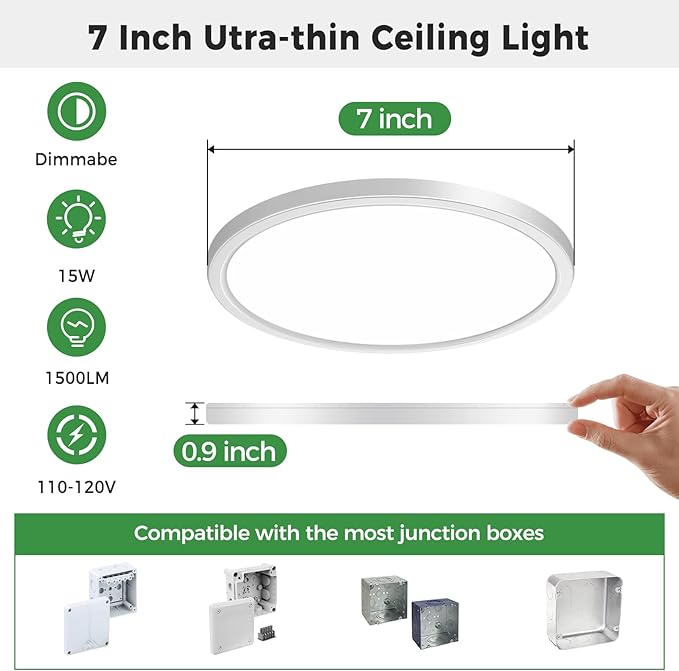 zemty 7 inch Small White LED Flush Mount Ceiling Lights, Dimmable 5 Color Temp (3000K-6500K), 1500LM 15W Round Recessed Light Fixture for Closet Kitchen Bathroom Bedroom, 1Pack