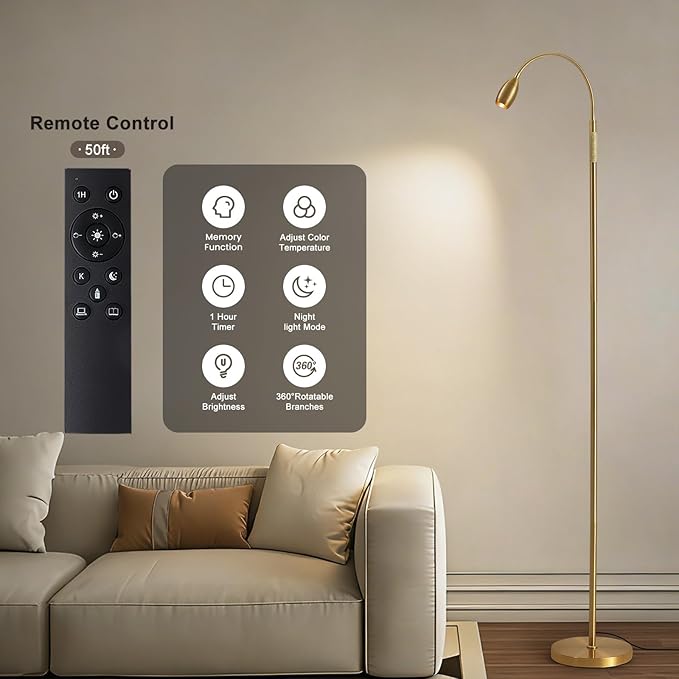 Reading Floor Lamp, Dimmable LED Floor Lamp with Remote, Standing Lamp with Flexible Gooseneck, Zoomable Spotlight, Reading light, Task Crafting Tall Lamps for Living Room Office Bedroom(Gold)