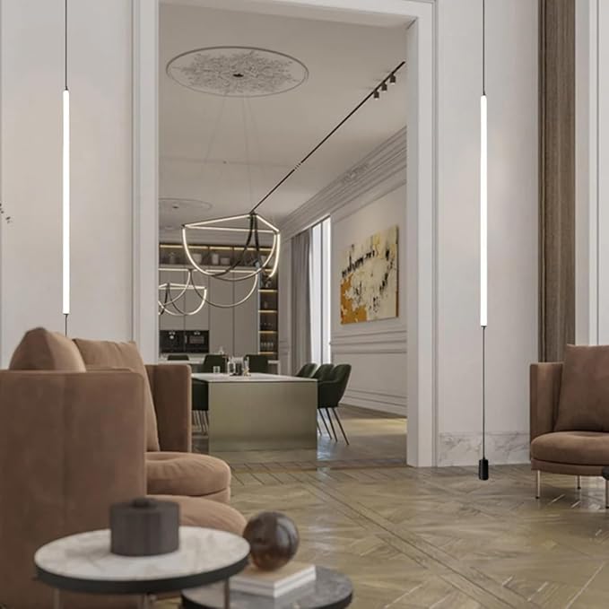 Modern Minimalist Bedside Pendant Light Black Linear Pendant Floor to Ceiling Lamp Long Strip LED Hanging Lamp for Bedroom TV Background - Hardwierd 51.8”