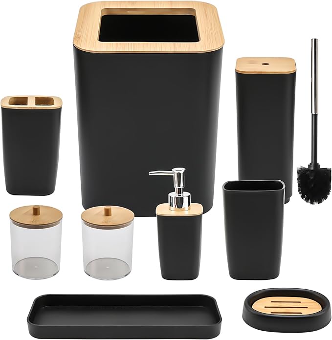 Black Bathroom Accessories Set, 9-Piece Modern Bathroom Accessory Kit with Soap Dispenser, Toothbrush Holder, Mouthwash Cup, 2 Qtip Holders, Trash Can, Soap Dish, Toilet Brush & Vanity Tray