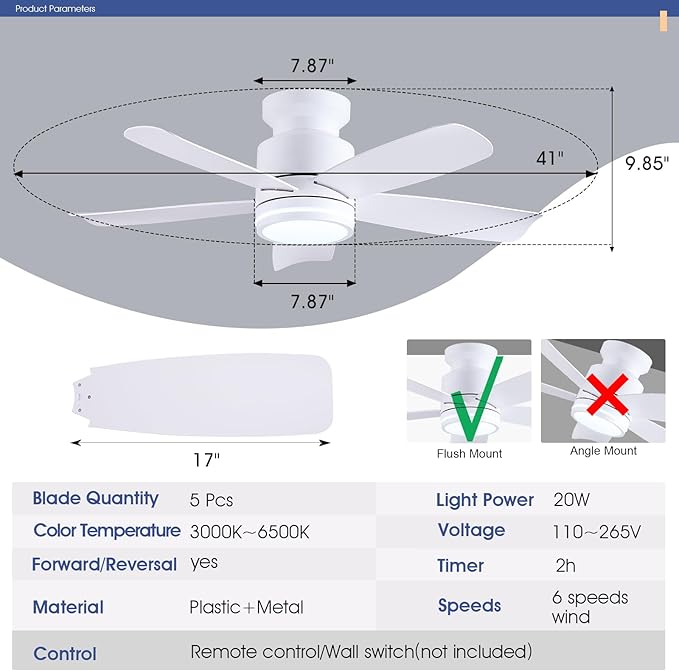Ceiling Fans with Lights and Remote Control, 41 inch Low Profile Flush Mount Ceiling Fan, 3 CCT LED Dimmable Lights 5 Reversible Plastic Blades 6 Speeds for Bedroom Living Room, White