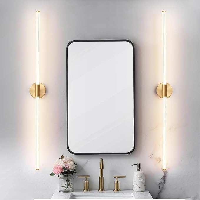 Gold Bathroom Vanity Lights 47 inch Long Bathroom Light Fixtures Over Mirror Hardwired, Dimmable LED 360° Full Lighting Modern Vanity Light Bar Wall Sconce Warm Light for Bedroom Living Room