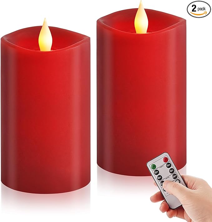 3x5 Flickering Flameless Candles Set of 2, 2AA Battery Life 600 Hours Battery Candles Flickering with Timer,5 inch Flameless Candles with Remote for Indoor/Outdoor, Red