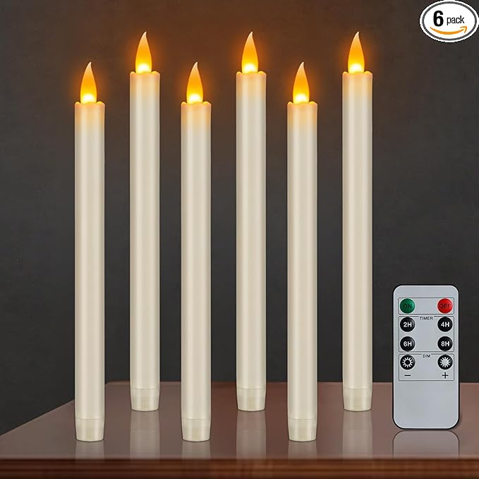 Flameless Taper Candles 10" Dripless Battery Operated Candle with Remote Timer, 6 Pack Christmas Window Candles, 400+ Hours by 2 AA Batteries for Home Decor, Candlelight Dinner, Weddings