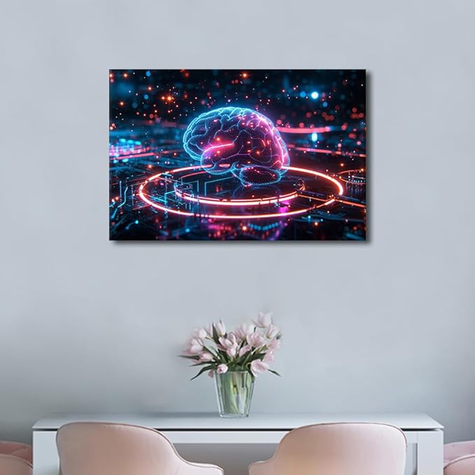 Modern Science and Technology Pictures for Living Room Digital Brain Canvas Wall Art for Bedroom Artwork for Room House Decor Wall Modern Posters and Prints Framed Ready to Hang 16"Wx24"Hx1 Panel