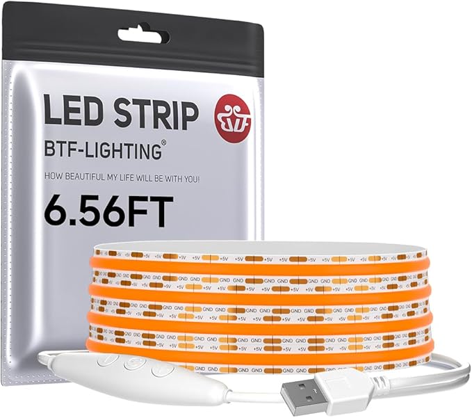 BTF-LIGHTING FCOB COB FOB LED Strip Lights 5V USB Powered 6.56FT 640LEDs Orange Color 8mm Width Dimmable CRI 90+ with 3M Tape Flexible High Density for 3D Printer TV Backlight PC DIY Decor