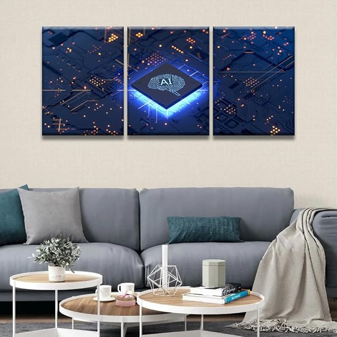 LSIUHWUWI Modern Wall Art 3 Panel Artificial Intelligence Concept Picture Prints on Canvas for Living Room Computer Room,Office Wall Decoration, Framed Ready to Hang 12x16inchx3