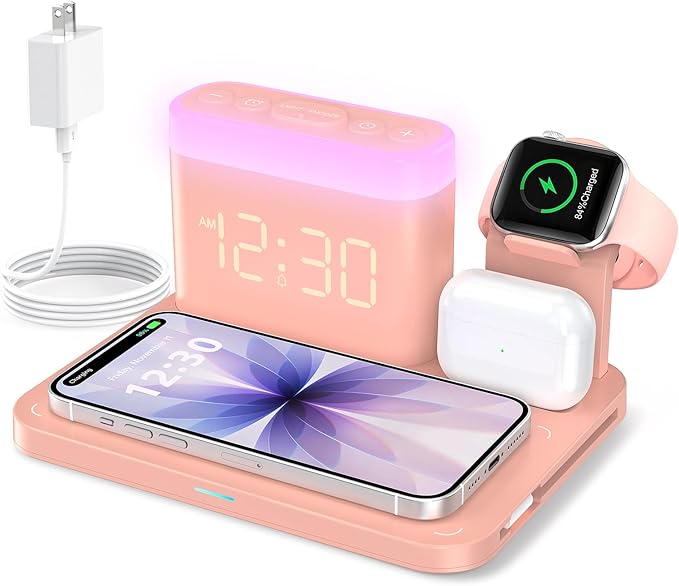 ANJANK 5 in 1 Wireless Charging Station with Alarm Clock,7 Night Light & 0-100% Dimmer,Qi Mag-Safe Charger Stand for Apple Devices - for iPhone 17 16 15 14 13 12 Pro Max Plus Air,Apple Watch,Airpods