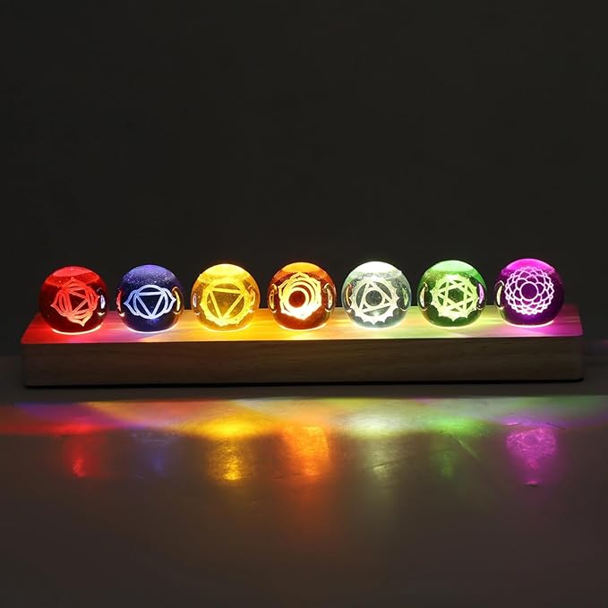 Meditation Decor with 7 Spheres, Led Wooden Stand, 1.5 Crystal Balls Set, Geometric Carvings, Colorful Night Light, Home Or Office