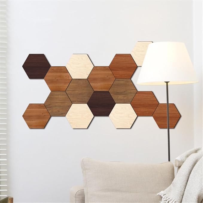 Wooden Hexagon Wall Decor, 15 Pcs Creative Removable Hexagonal Wall Stickers, DIY Modern Geometric Wood Wall Art Decor, 3D Wooden Hexagon Wall Tiles for Living Room, TV Background, Office, 5.9" x 5.1”