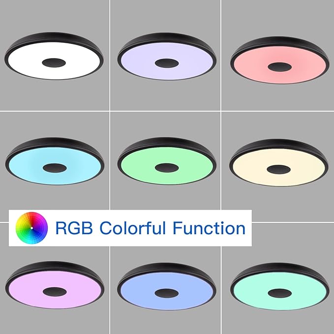 Black Waterproof LED Flush Mount Ceiling Light Fixture,with Bluetooth Speaker,11 Inch,18 watt,Dimmable Music Lamp,RGB Color Changing Light with Remote Control,for Bathroom,Shower,Bedroom