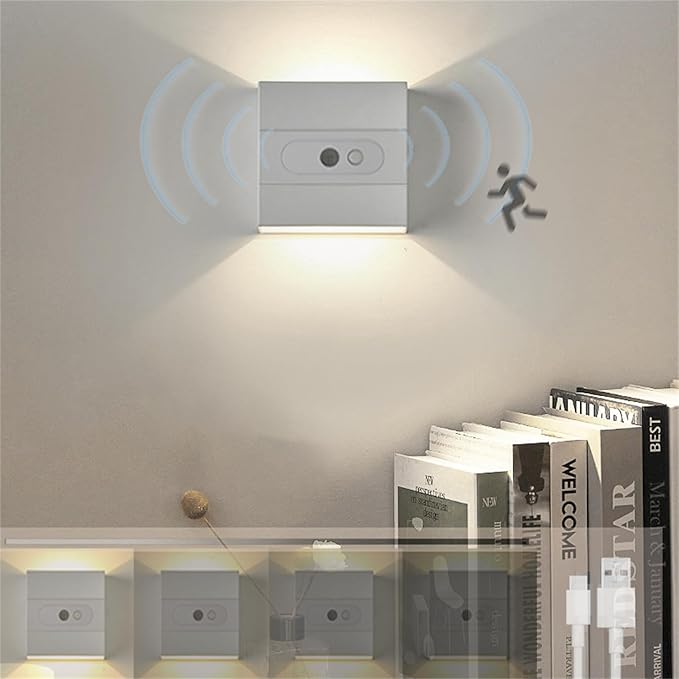 Wall Lights with Motion Sensor Indoor LED Modern Wall Lamp Brightness Adjustable Wall Sconce Recargables USB Con Batería Lighting Fixtures for Living Room Bedroom Corridor (White Light,White)