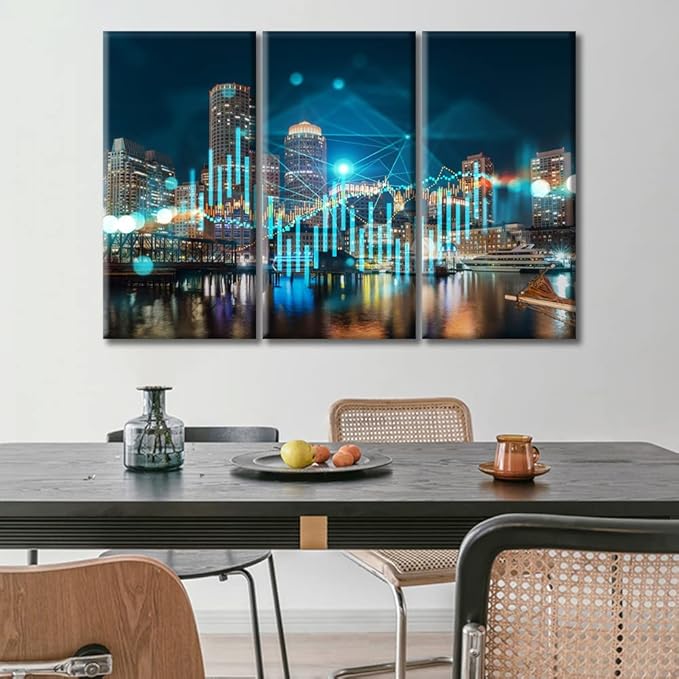 TUMOVO 3 Panel Wall Art Forex Financial Graph and Chart Hologram Paintings Modern Home Decor Boston Skyline Buildings Pictures Wall Decor Living Room Framed Ready to Hang (60" Wx40 H)