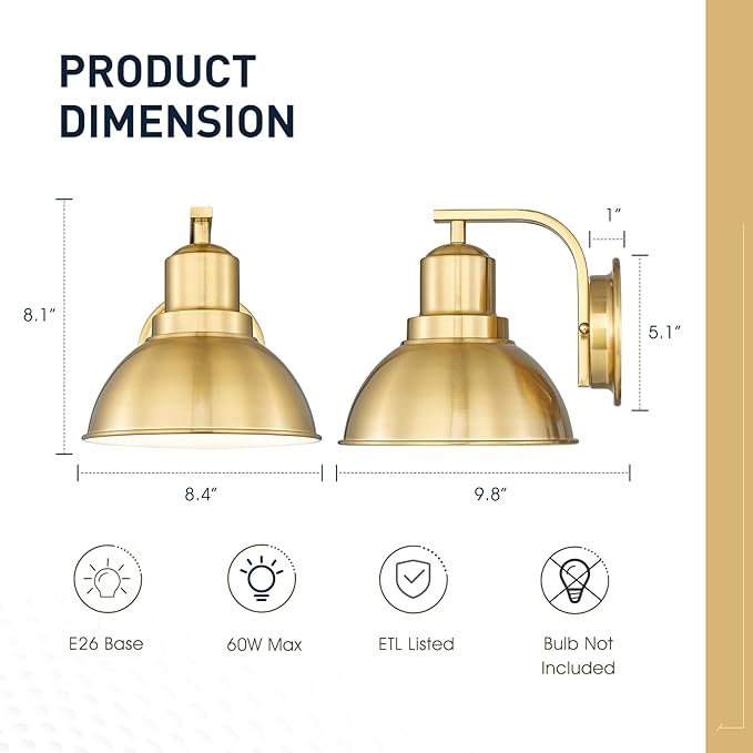 zeyu Vintage Wall Sconce Lighting, Indoor Barn Wall Lamp for Bedroom Living Room, Metal Dome Shade in Brushed Gold Finish, ZY24-1W BG