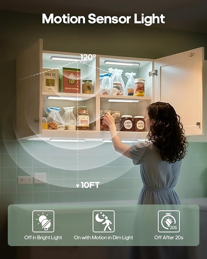 Motion Sensor Light Indoor, 60led Rechargeable Under Cabinet Lighting Wireless, Closet Lights Motion Sensored Night Light, 3 Temps&Dimmable Under Counter Lights for Kitchen, Shelves, Pantry,Stair