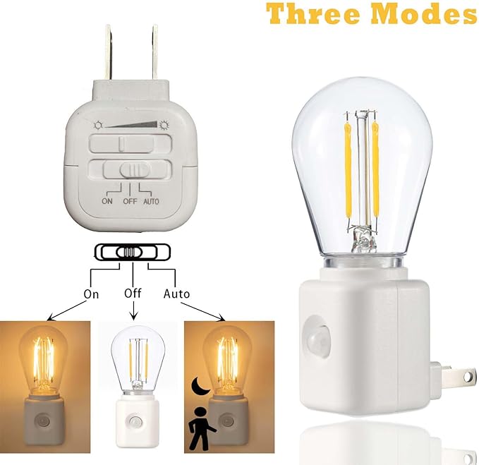Led Night Light Bulb Plug in, 1W Vintage Nightlight, Dusk to Dawn and Motion Sensor, Warm White 2700K, 10-100LM Adjustable Brightness, Dimmable, for Hallway Bedroom Stairway, 1 Pack