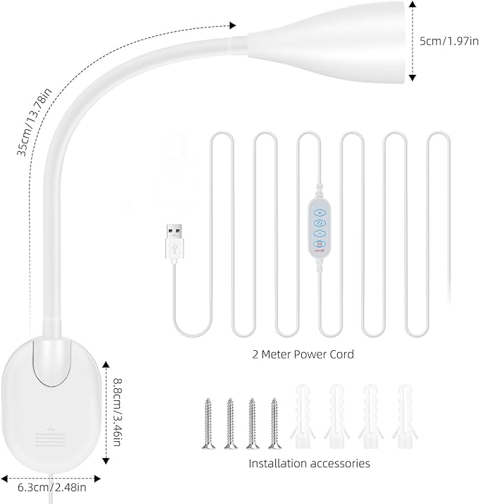 Wall-Mounted LED Bedside Reading Light with USB Charging Port, 10-Level Dimmable & Adjustable 5 Color, Plug-in Adhesive Night Lamp for Books in Bed, Eye-Caring Bedroom Lighting (White 2 Pack)