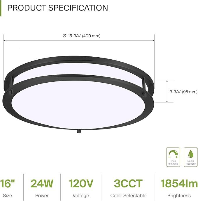 ASD LED 16" Round Flush Mount Lighting, Close to Ceiling Light Fixture | 3CCT, Dimmable, Energy Star, ETL Listed | 24W 1854LM 3000-5000K 120V | Low Profile Double Ring Lamp | Dark Bronze, 4 Pack