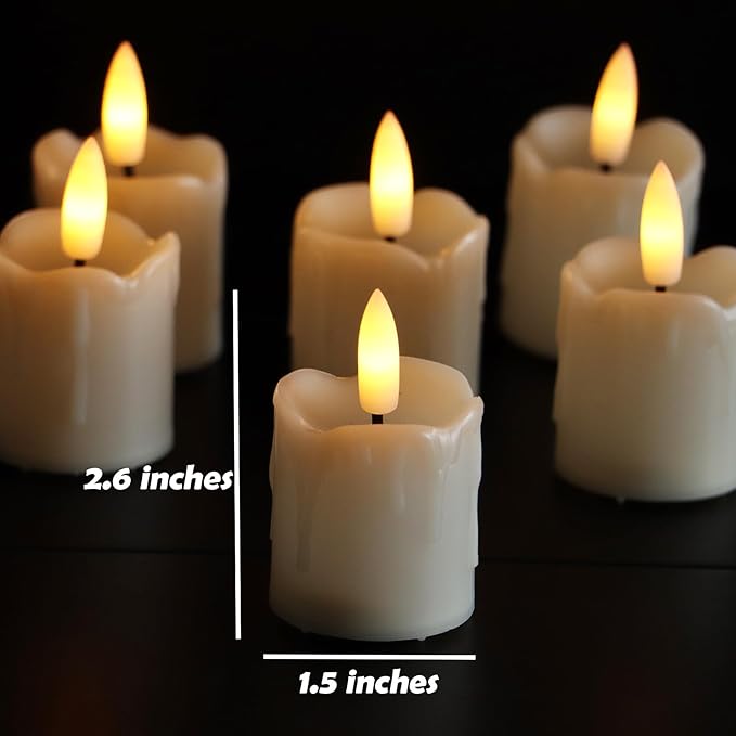 Set of 6 Flameless Votive Candles with Timer (5 Hour) Realistic Black Wick Battery Operated Candles Dripping Flickering LED Tealights for Wedding Party Holiday Christmas Halloween Decoration