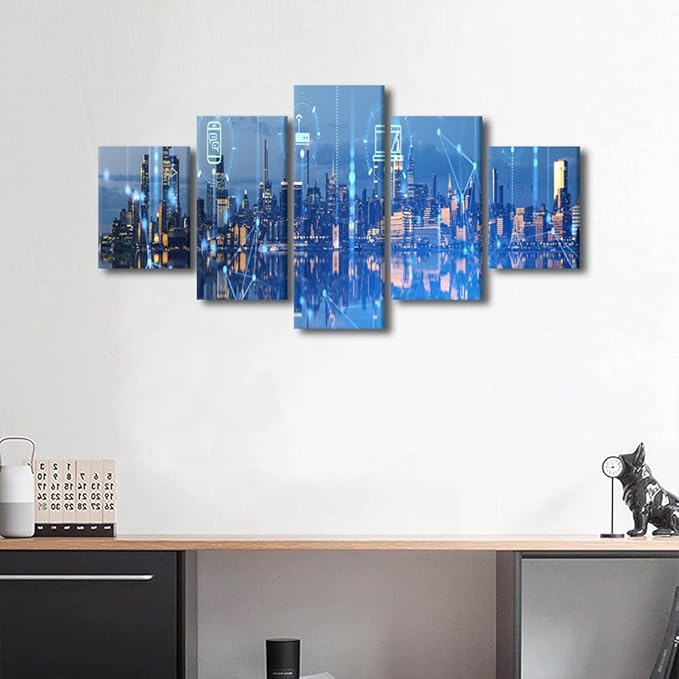Modern Home Decoration 5 Panel City Landscape Wall Art Wireless Network Picture Canvas Art Internet Companies Office Corridor Wall Decor Men Bedroom Decor Frame and Stretched Ready to Hang 60x32 Inch