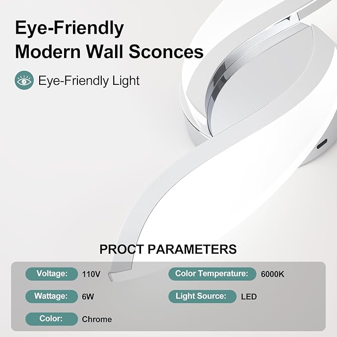 ADISUN Modern LED Wall Light, 14 Inch Indoor Wall Sconces, Acrylic, Hardwired, 6000K Cold White Light, Wall Lamp for Bedroom Bedside Hallway Stairway Wall Light Fixtures(Chrome)