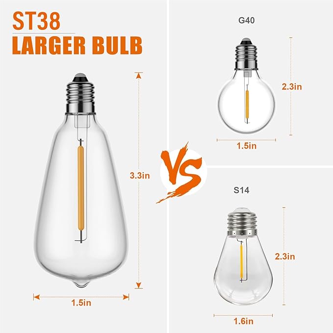 10FT Outdoor String Lights - LED Waterproof Patio Lights with Shatterproof ST38 Edison Plastic Bulb, Connectable Hanging Lighting for Outside Indoor Backyard Yard Gazebo Porch Party Decor - SOLROS