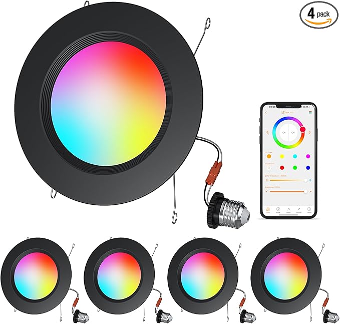 Black 5/6inch Color Changing LED Can Lights,4Packs Retrofit LED Recessed Lighting,13W 1050LM Smart Recessed can Light,Compatible with Alexa,Bluetooth APP Control,for Bedroom Kitchen Livingroom