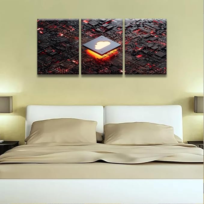 Modern Wall Art 3 Panel Wall Art CPU Cloud Computing Pictures Print On Canvas Wall Decor for Living Room, Wooden Framed Gallery-Wrapped Ready to Hang 12x16inchx3