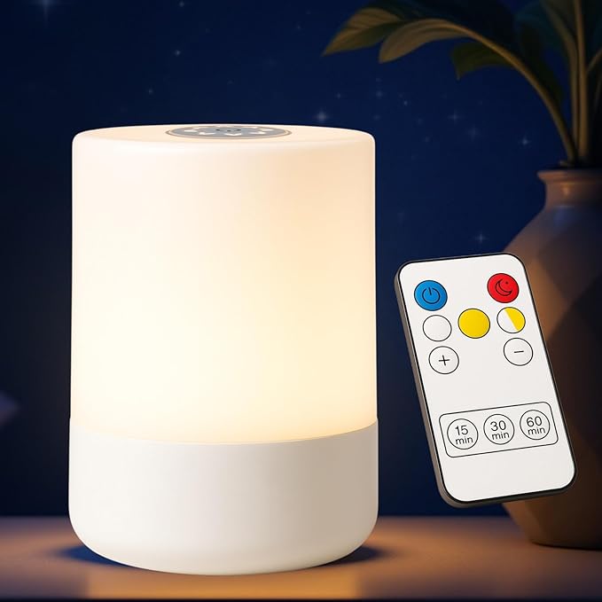 Touch Bedside Lamp, Portable Night Light, 3-Color Dimmable LED, USB Rechargeable with Remote & Timer for Bedroom, Nursery, Camping (A-Light-Touch&Remote)