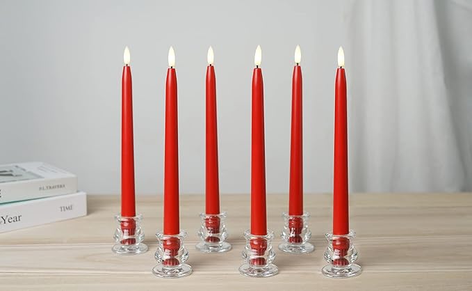 Red Flameless Taper Candles with Remote Control - 11 Inch LED Candlesticks Battery Operated, Realistic 3D Flame with Wick, Timer, Christmas Decor - Set of 6