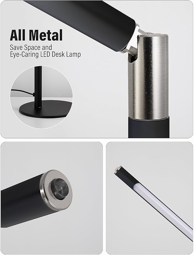 LED Desk Lamp, Home Office Eye Lamp, 3 Modes, Infinitely Adjustable Brightness, Metal, Multi-Angle Adjustment, Detachable Desk Lamp with USB (Black)