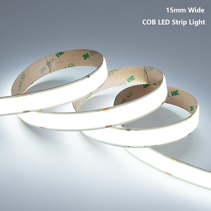 24V 15MM Wide COB LED Strip Light 32.8ft (2 Rolls of 16.4ft), 6000K Cool White Super Bright 25W/M 2750LM/M CRI 92 LED Tape Lights with Power Supply for Living Room Commercial