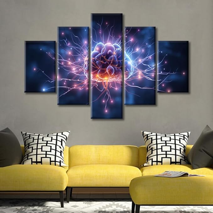 Canvas Wall Art Neural Network Wall Art for Bedroom Artificial Intelligence Concept Wall Decor Art Painting 5 Pieces Smart Brain Modern Artwork for Office Home Decor Ready to Hang (60"Wx40"H)