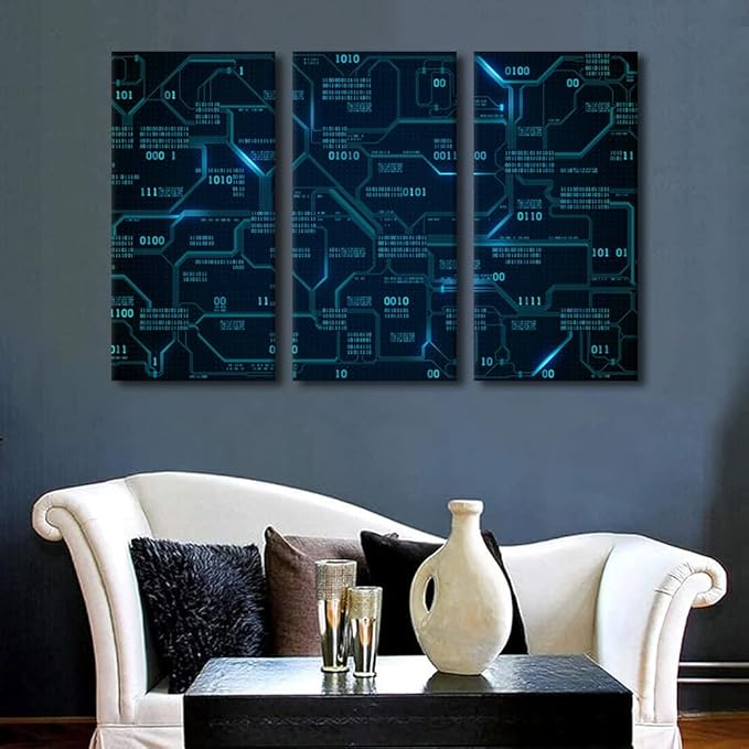 Digital Age Wall Art for Bedroom CPU Concept Canvas Painting Computer Chip Wall Art for Living Room Technology Modern Home Decor Poster 3 Panels Stretched on Wooden Frame Ready to Hang(40"Wx60"H)