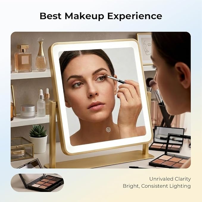 Vanity Mirror with Lights, 12"×14" Makeup Mirror with Lights, LED Makeup Mirror, Brightness Adjustable, Smart Touch with 3 Color Lighting Modes, for Bedroom Tabletop - Gold