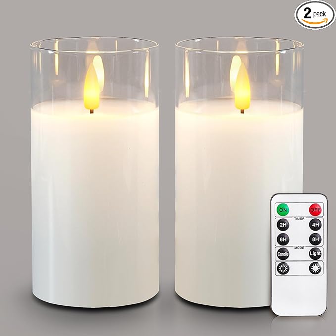 5plots Clear Glass Flameless Candles with Remote Timer, Set of 2, White LED Real Wax Glass Pillar Candles Warm Flickering Light for Indoor Home & Wedding Decor D3 x H6 6"