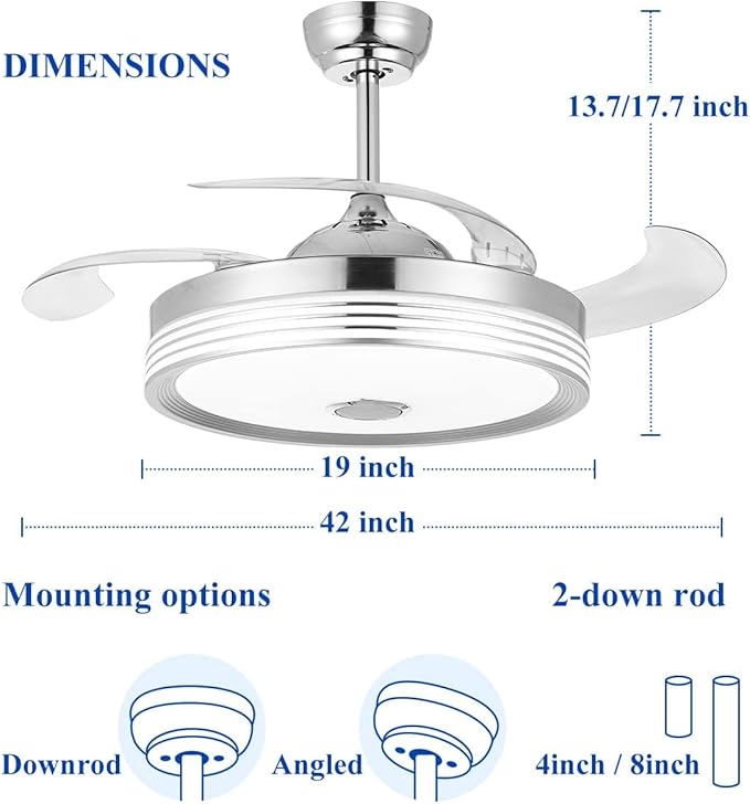 42 inch Retractable Ceiling Fan with Lights and Remote Control, 6Speed Dimmable Fandelier, Modern Smart Ceiling Fan Light with Bluetooth Speaker, RGB Color Reversible Bedroom Living Room