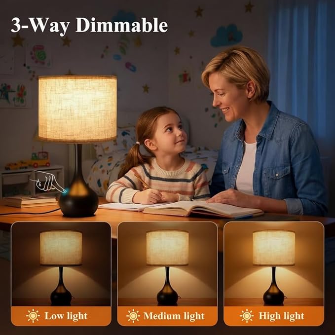 Touch Table Lamp for Bedroom Set of 2,3 Way dimmable Nightstand Bedside Lamp with Linen Shade,Desk Lamp for Living Room, Guest Room, Home Office