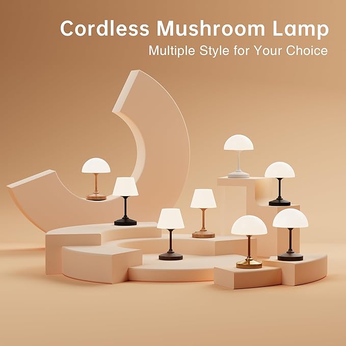 Mushroom Lamp Cordless Lamp Table Lamp,Outdoor Waterproof Shower Lamps,5000mAh Rechargeble Battery Operated Dimmable Touch Desk Lamps,LED Night Light for Bathroom Patio Camping Outdoor(Black)
