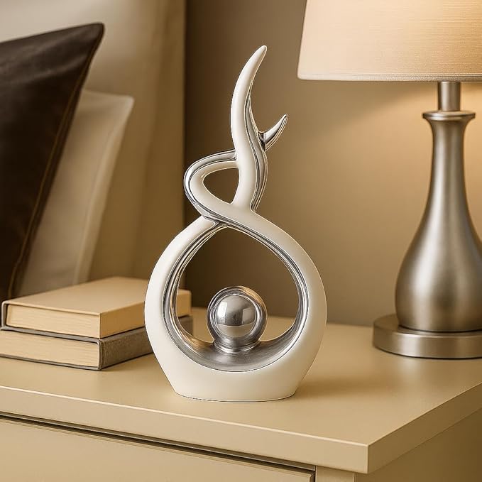 White & Silver Abstract Ceramic Ornament – Modern Decorative Sculpture for Living Room, Shelf & Coffee Table Decor – Minimalist Home Décor Accent, Table Centerpiece Gift