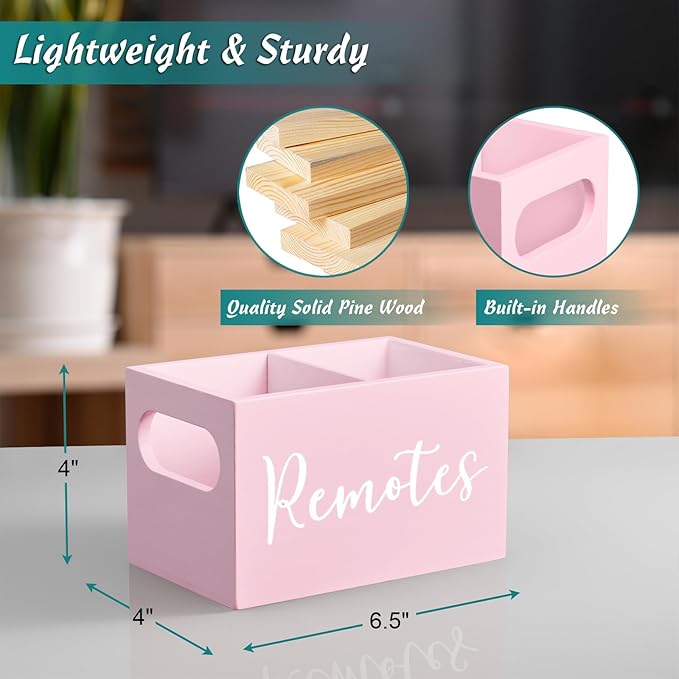 DRASTAR Remote Holder and Organizer - TV Remote Caddy for Table, Wooden Storage Organizer with Pink Accessories